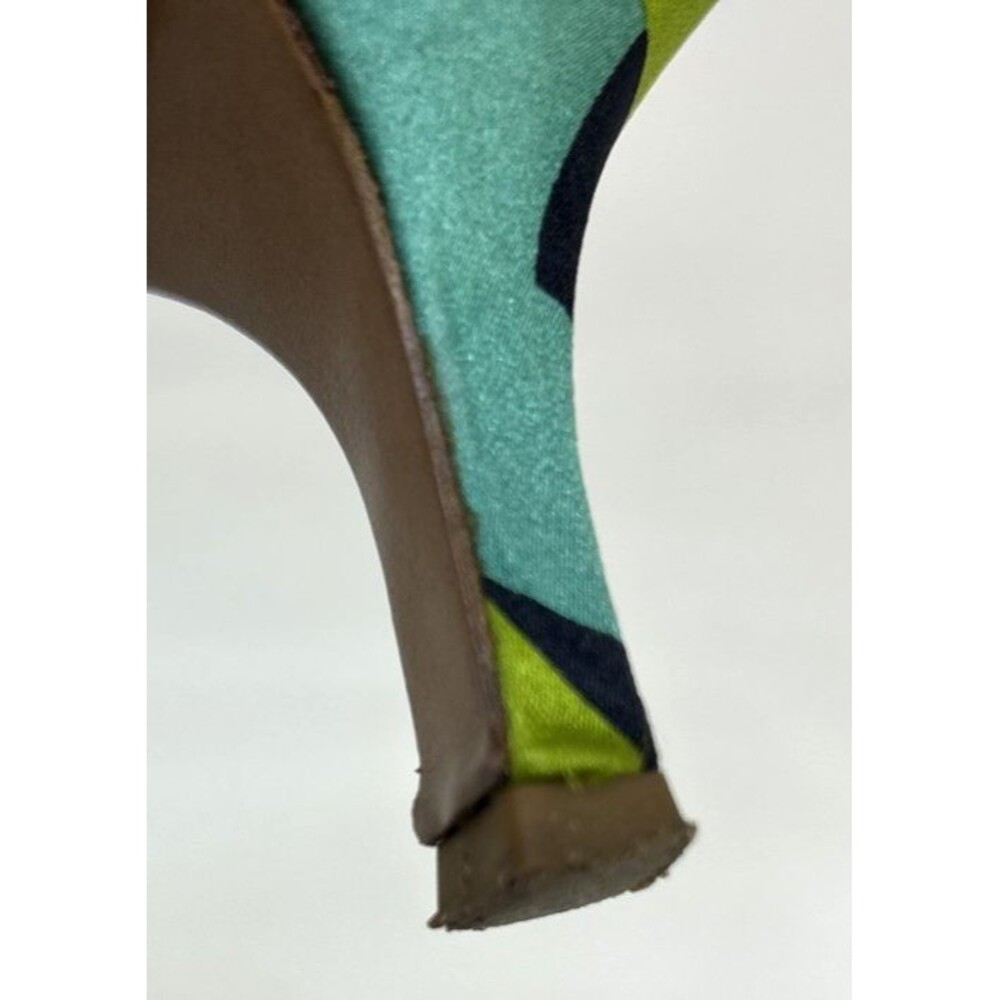 VTG Prada Mules Sz 35.5 Satin Geometric Blue Green Kitten Heels Bow Accent RARE! - Picture 15 of 15